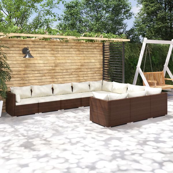 vidaXL Salon de jardin 10 pcs avec coussins R&eacute;sine tress&eacute;e Marron