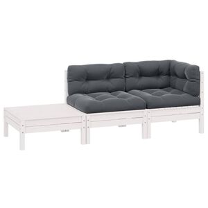 vidaXL Salon de jardin 3 pcs avec coussins Blanc Bois de pin massif