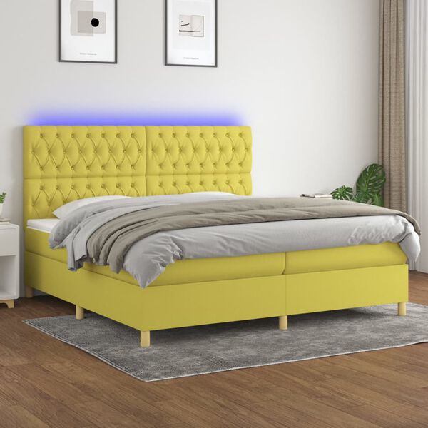 vidaXL Sommier &agrave; lattes de lit et matelas et LED Vert 200x200 cm Tissu
