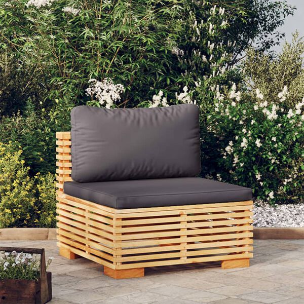 vidaXL Canap&eacute; central de jardin coussins Gris fonc&eacute; Bois teck massif