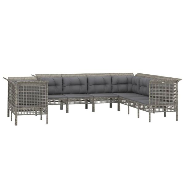 vidaXL Salon de jardin 9 pcs avec coussins Gris R&eacute;sine tress&eacute;e