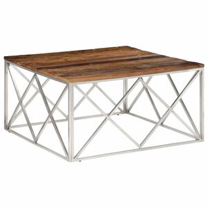vidaXL Table basse argent&eacute; inox et bois de m&eacute;l&egrave;ze massif