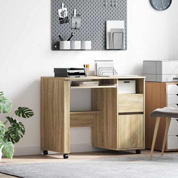 vidaXL Bureau avec roues avec tiroir Ch&ecirc;ne Sonoma 91 x 50 x 77 cm