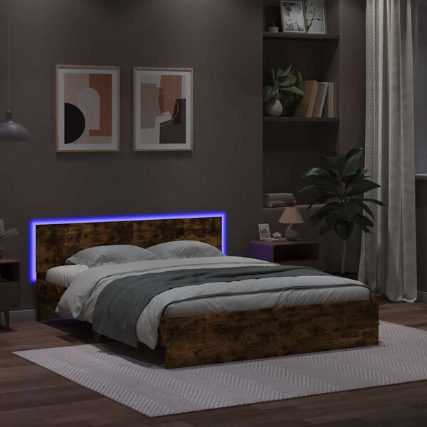 vidaXL Cadre de lit avec t&ecirc;te de lit et LED ch&ecirc;ne fum&eacute; 150x200 cm