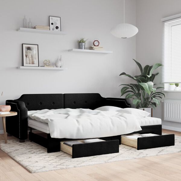 vidaXL Lit de jour avec gigogne et tiroirs noir 80x200 cm tissu