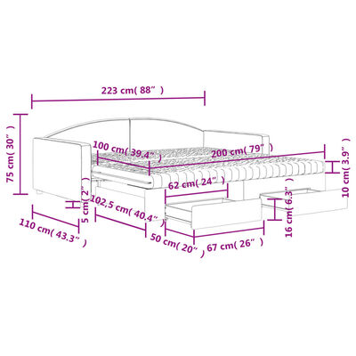 vidaXL Lit de jour avec gigogne et tiroirs crème 100x200 cm tissu