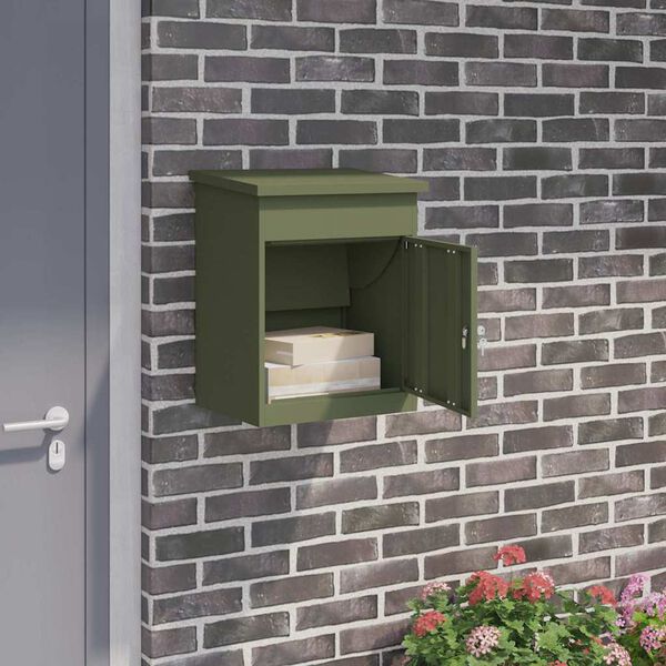 vidaXL Bo&icirc;te de d&eacute;p&ocirc;t de colis Vert olive 47,5 x 38 x 59 cm Acier
