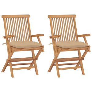 vidaXL Chaises pliantes avec coussins beiges, 2 pi&egrave;ces, en teck massif