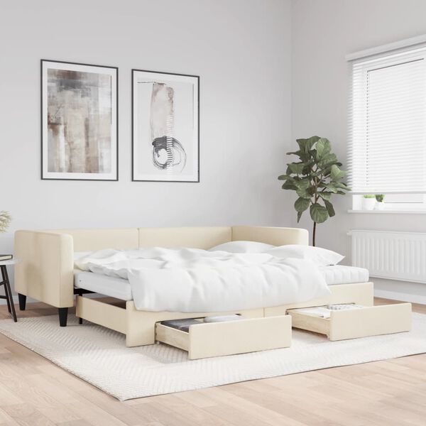 vidaXL Lit de jour avec gigogne et tiroirs cr&egrave;me 100x200 cm tissu