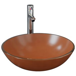 vidaXL Lavabo de bain avec robinet et drain &agrave; poussoir Verre tremp&eacute;