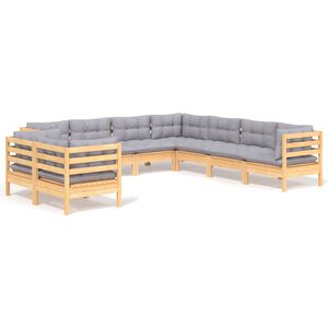 vidaXL Salon de jardin 9 pcs avec coussins gris bois de pin massif