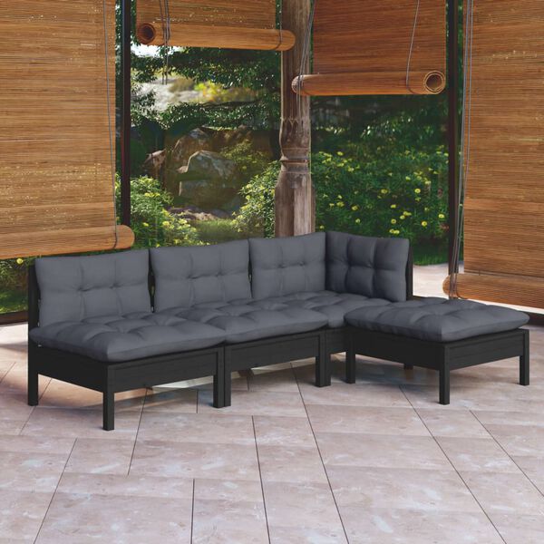 vidaXL Salon de jardin 4 pcs avec coussins Noir Bois de pin