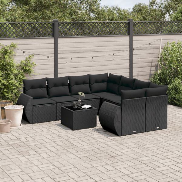 vidaXL Salon de jardin 9 pcs avec coussins noir r&eacute;sine tress&eacute;e