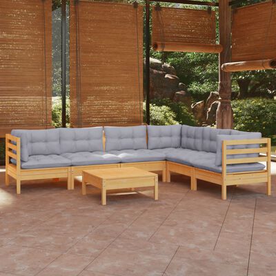 vidaXL Salon de jardin 7 pcs avec coussins gris bois de pin massif