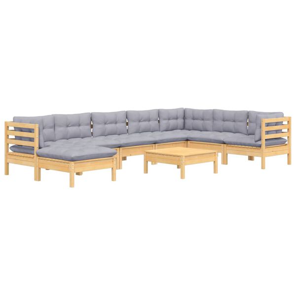 vidaXL Salon de jardin 9 pcs avec coussins gris bois de pin massif