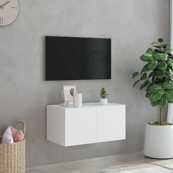 vidaXL Meuble TV mural avec lumi&egrave;res LED blanc 60x35x31 cm
