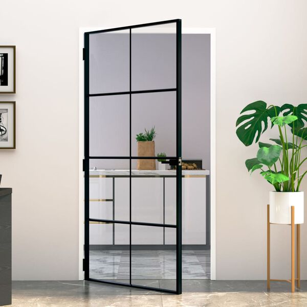 vidaXL Porte d'int&eacute;rieur Noir 102x201,5 cm Tremp&eacute; verre aluminium fin