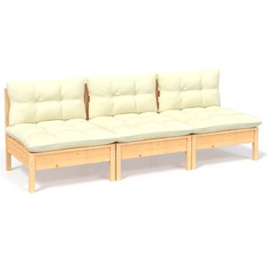 vidaXL Canap&eacute; 3 places de jardin et coussins cr&egrave;me Bois de pin solide