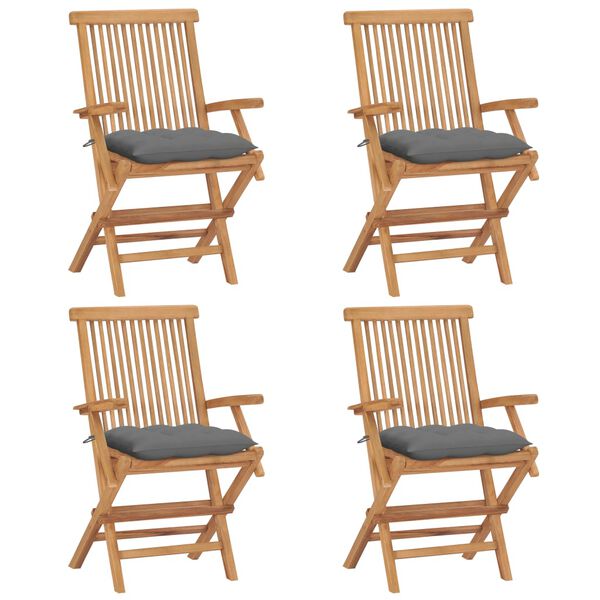 vidaXL Chaises de jardin et coussins gris lot de 4 Bois de teck massif