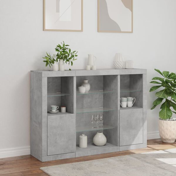 vidaXL Buffets avec lumi&egrave;res LED 3 pcs gris b&eacute;ton bois d'ing&eacute;nierie