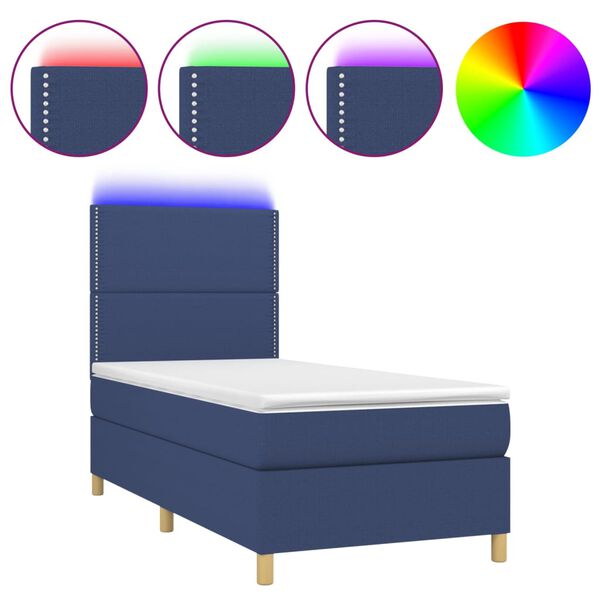 vidaXL Sommier &agrave; lattes de lit avec matelas et LED Bleu 90x190cm Tissu
