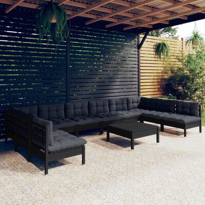 vidaXL Salon de jardin 11 pcs avec coussins Noir Bois de pin solide