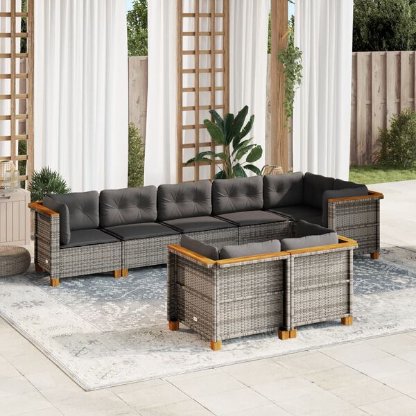 vidaXL Salon de jardin 8 pcs avec coussins gris r&eacute;sine tress&eacute;e