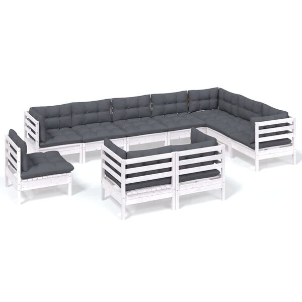 vidaXL Salon de jardin 10 pcs avec coussins blanc bois de pin massif