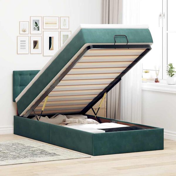 vidaXL Lit ottoman avec matelas et LED Vert fonc&eacute; 90x200cm velours