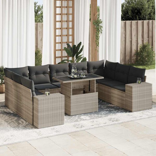 vidaXL Salon de jardin avec coussins 10 pcs gris clair r&eacute;sine tress&eacute;e