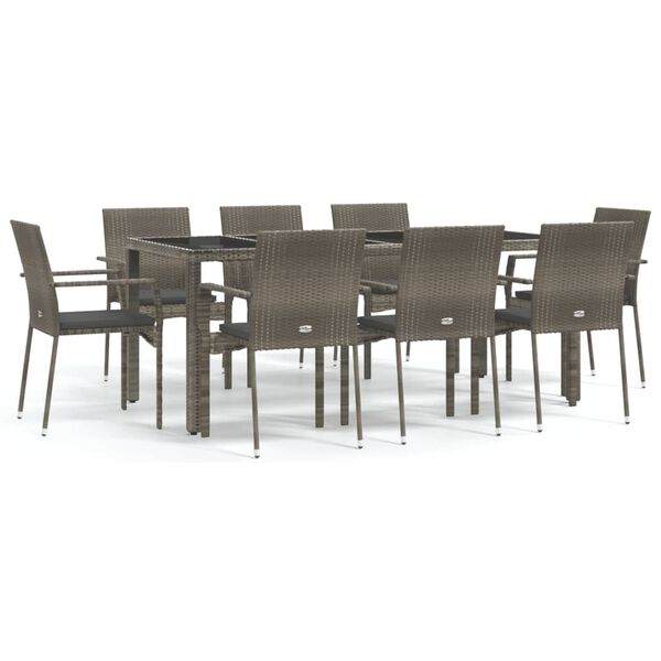 vidaXL Ensemble &agrave; manger de jardin 9 pcs coussins gris r&eacute;sine tress&eacute;e