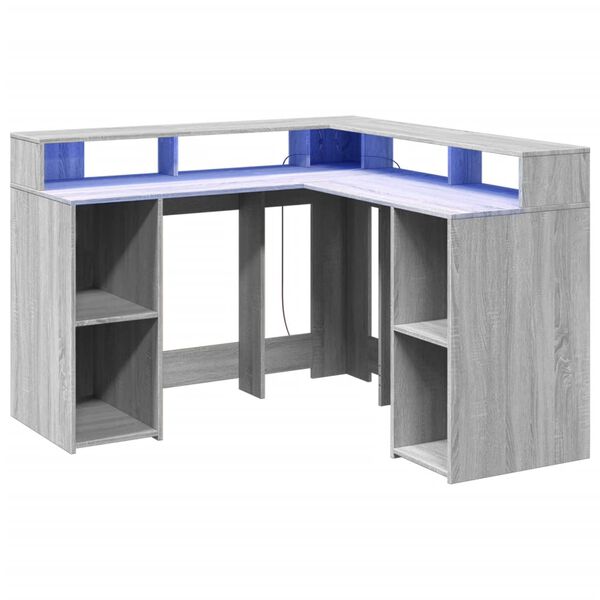 vidaXL Bureau et lumi&egrave;res LED sonoma gris 130x130x91cm bois ing&eacute;nierie