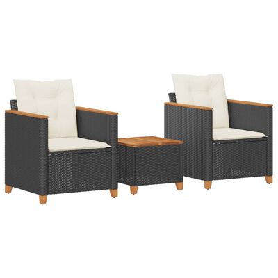 vidaXL Ensemble de bistro 3 pcs et coussins noir résine tressée acacia