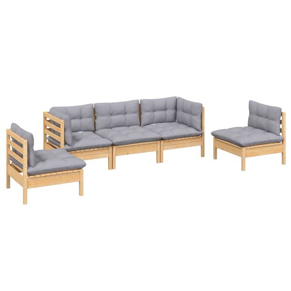 vidaXL Salon de jardin 5 pcs avec coussins gris bois de pin massif