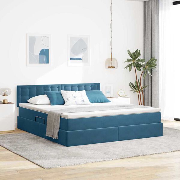 vidaXL Lit avec rangement et LED Bleu fonc&eacute; 180 x 200 cm Velours