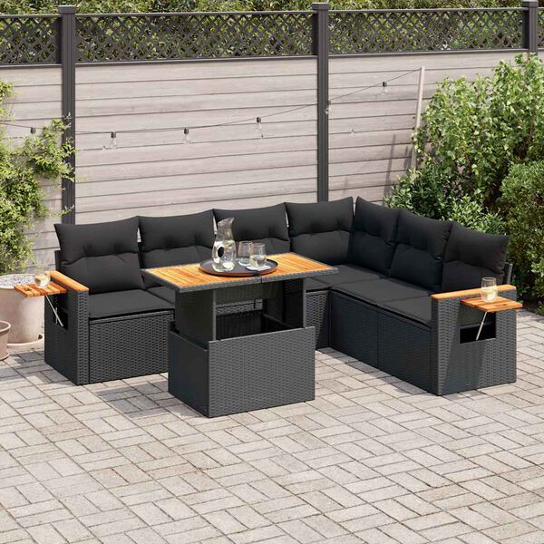 vidaXL Salon de jardin avec coussins 7 pcs noir r&eacute;sine tress&eacute;e acacia