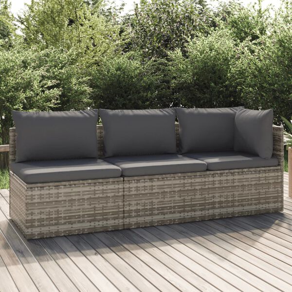 vidaXL Salon de jardin 3 pcs avec coussins Gris R&eacute;sine tress&eacute;e