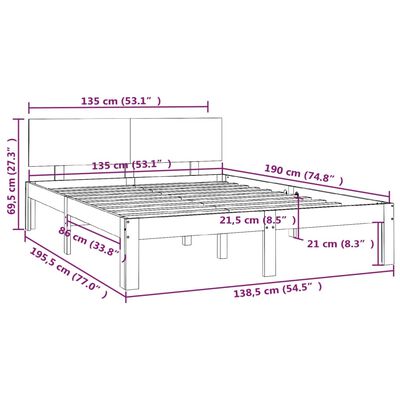 vidaXL Cadre de lit Noir Bois massif 135x190 cm Double