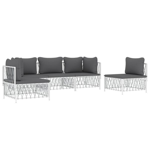 vidaXL Salon de jardin avec coussins 5 pcs blanc acier