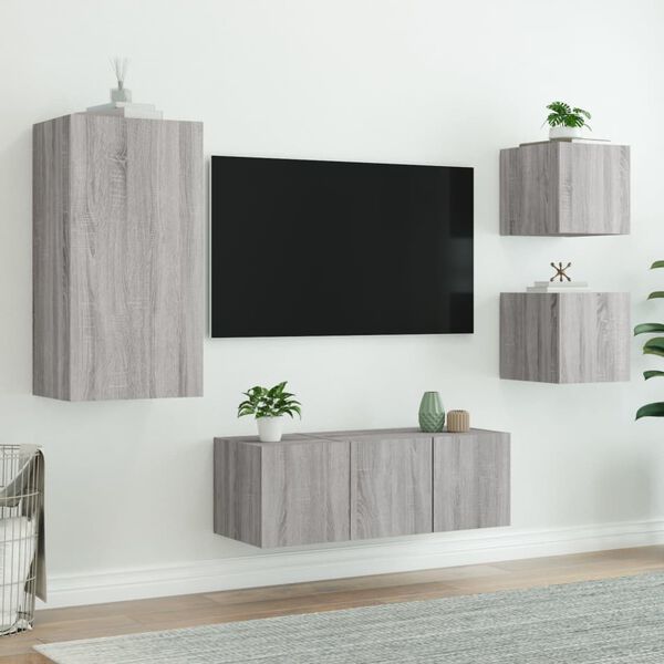 vidaXL Unit&eacute;s murales TV avec LED 5 pcs gris sonoma bois d'ing&eacute;nierie