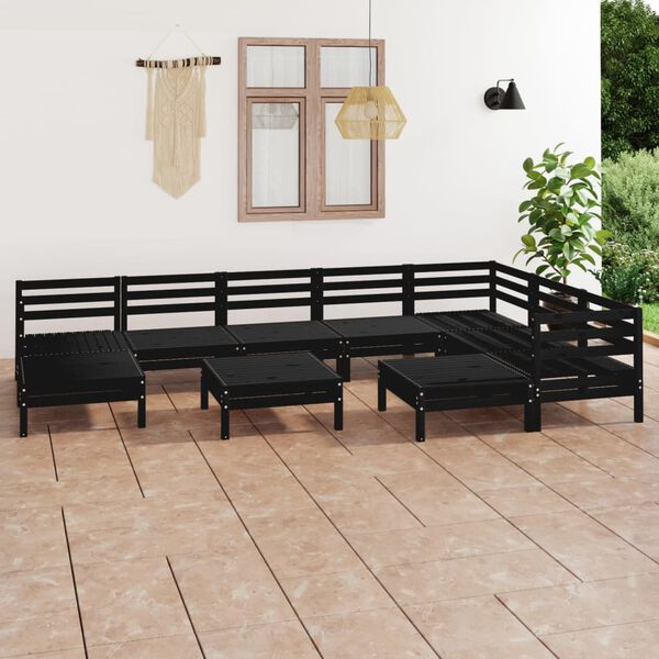 vidaXL Salon de jardin 10 pcs Bois de pin massif Noir