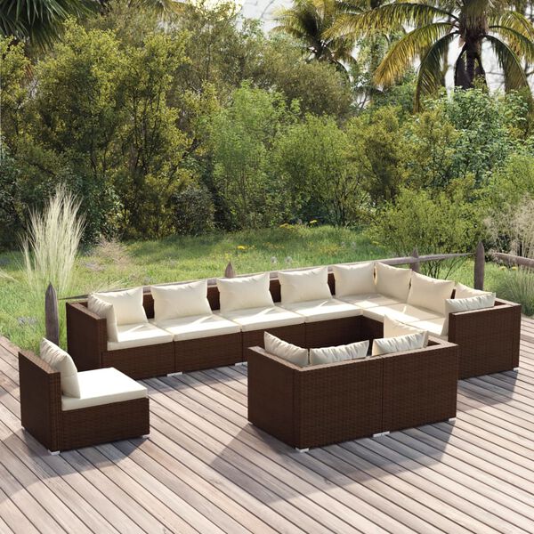 vidaXL Salon de jardin 10 pcs avec coussins R&eacute;sine tress&eacute;e Marron