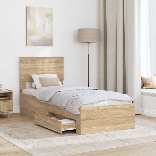 vidaXL Cadre de lit avec tiroir Sonoma Ch&ecirc;ne et Argent 75 x 190 cm