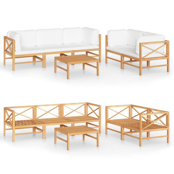 vidaXL Salon de jardin 6 pcs avec coussins cr&egrave;me Bois de teck solide