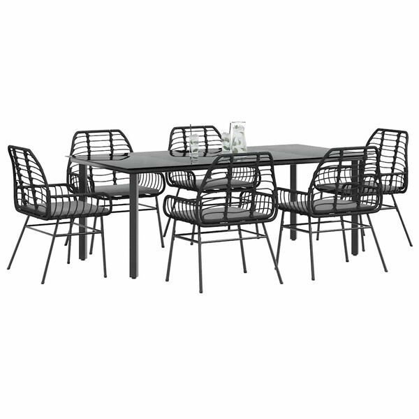 vidaXL Ensemble &agrave; manger de jardin coussins 7pcs noir poly rotin verre