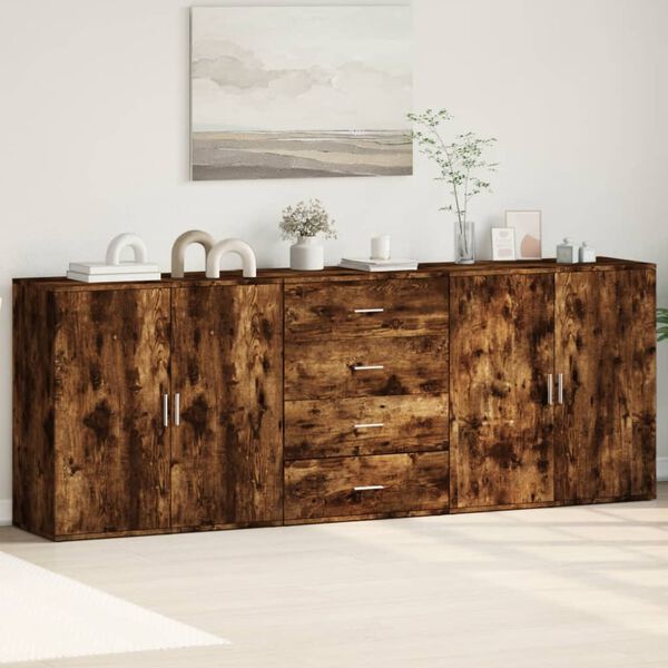 vidaXL Buffets 3 pcs Ch&ecirc;ne fum&eacute; Bois d'ing&eacute;nierie