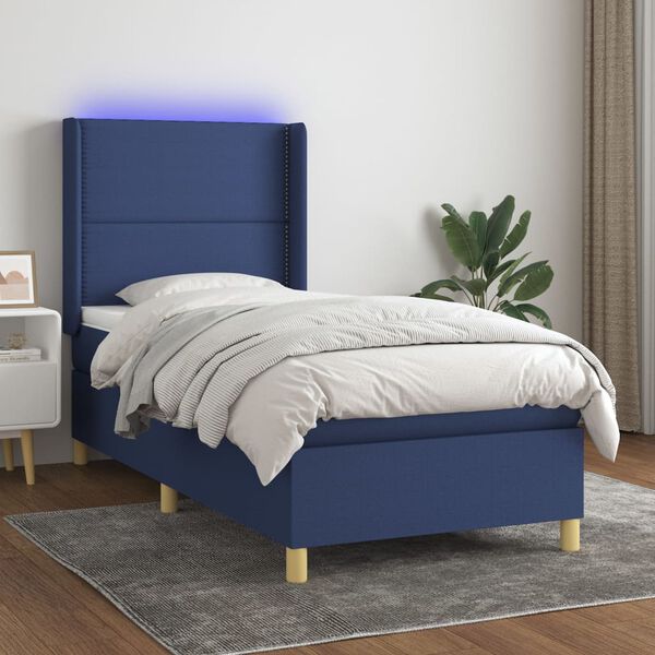 vidaXL Sommier &agrave; lattes de lit matelas et LED Bleu 90x190 cm Tissu