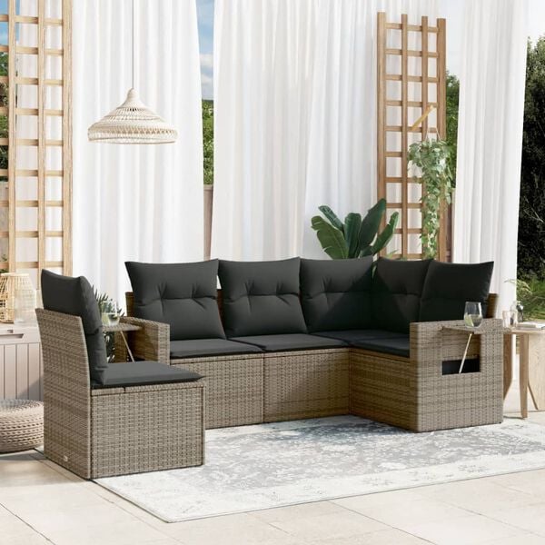 vidaXL Salon de jardin 5 pcs avec coussins gris r&eacute;sine tress&eacute;e