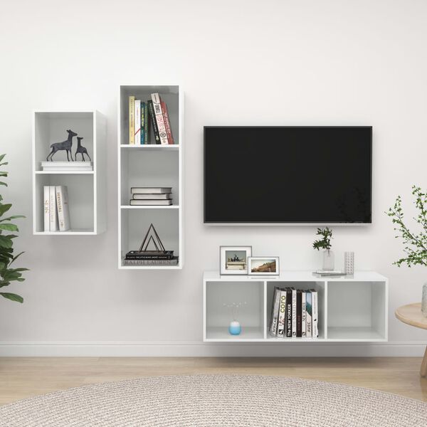 vidaXL Ensemble de meubles TV 3 pcs Blanc brillant Bois d'ing&eacute;nierie