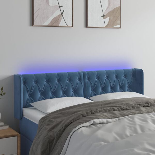 vidaXL T&ecirc;te de lit &agrave; LED Bleu fonc&eacute; 163x16x78/88 cm Velours